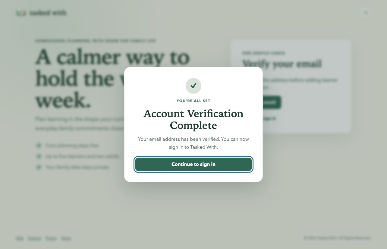 Account Verification Complete dialog with a Continue to sign in button