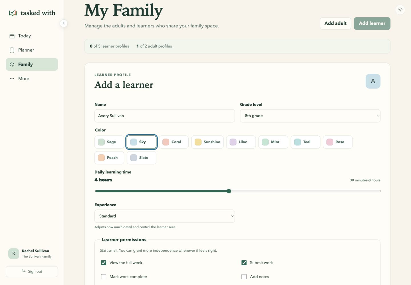 Add a learner form for Avery Sullivan showing grade, profile colors, daily learning time, experience, and permissions