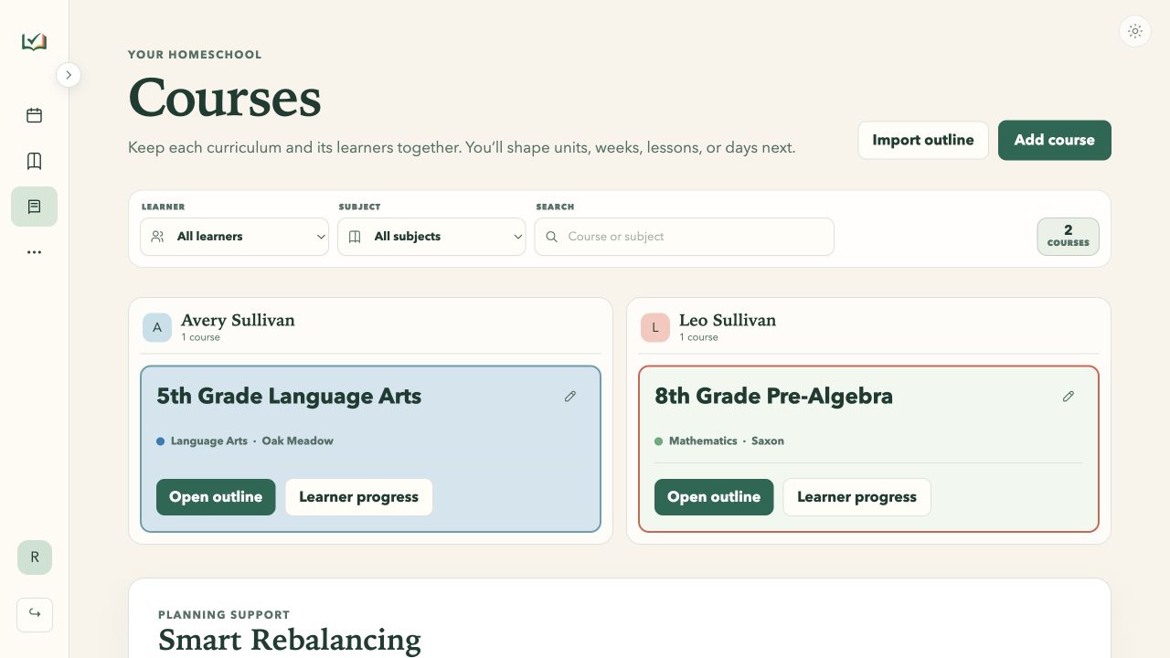 Courses page in light mode showing 5th Grade Language Arts by Oak Meadow and 8th Grade Pre-Algebra by Saxon with course colors and Smart Rebalancing settings