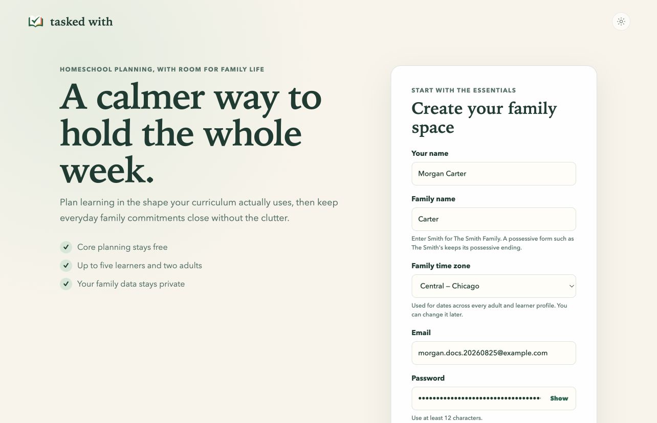 Tasked With create-family form in light mode with name, family name guidance, time zone, email, and a password Show control