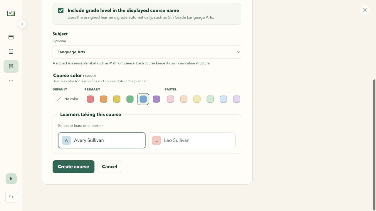 Add a course form for Language Arts with Oak Meadow as the publisher, automatic grade-level display selected, a blue course color, and Avery Sullivan assigned