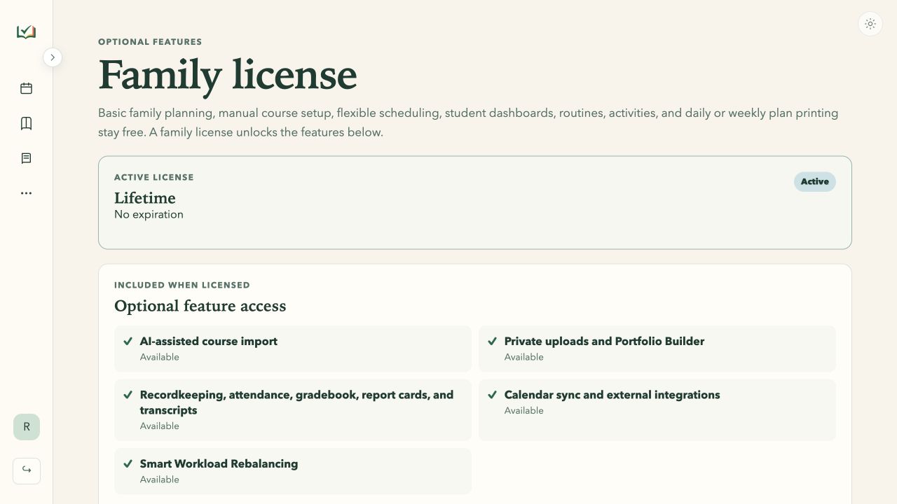 Active Family license page listing AI course import, Portfolio Builder, recordkeeping, integrations, and Smart Workload Rebalancing