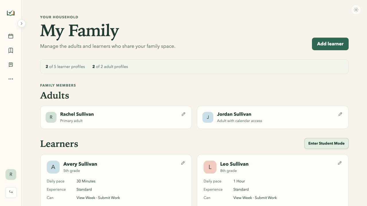 Family page in light mode showing Rachel and Jordan Sullivan with learner profiles for Avery and Leo Sullivan