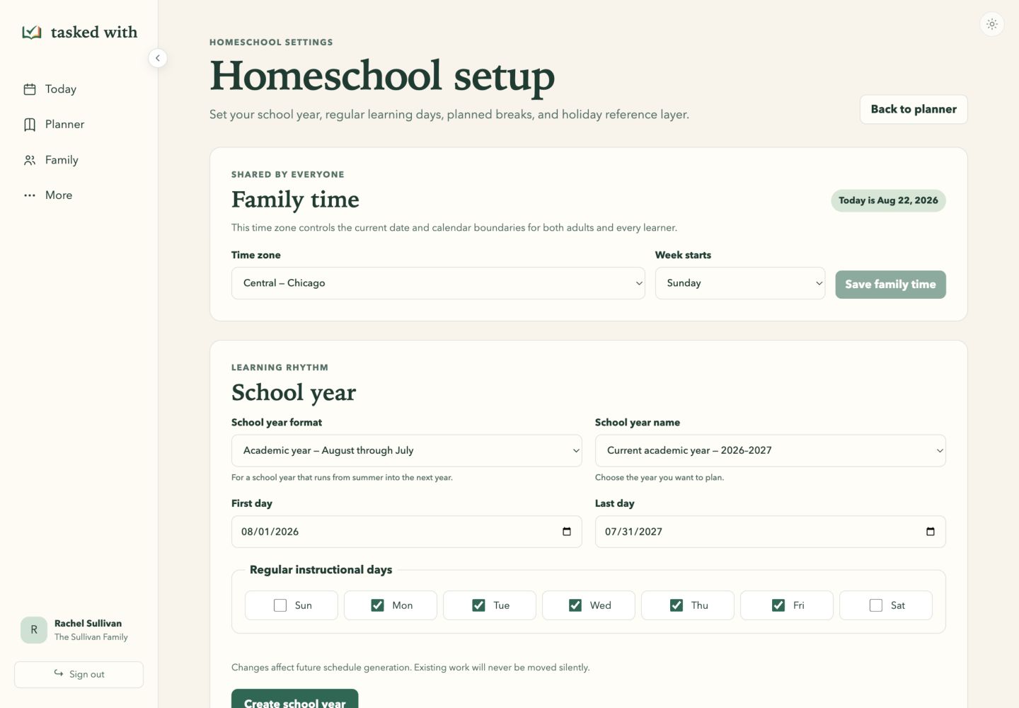 School Year Setup page showing Central time, Sunday week start, the 2026 to 2027 academic year, and Monday through Friday instructional days