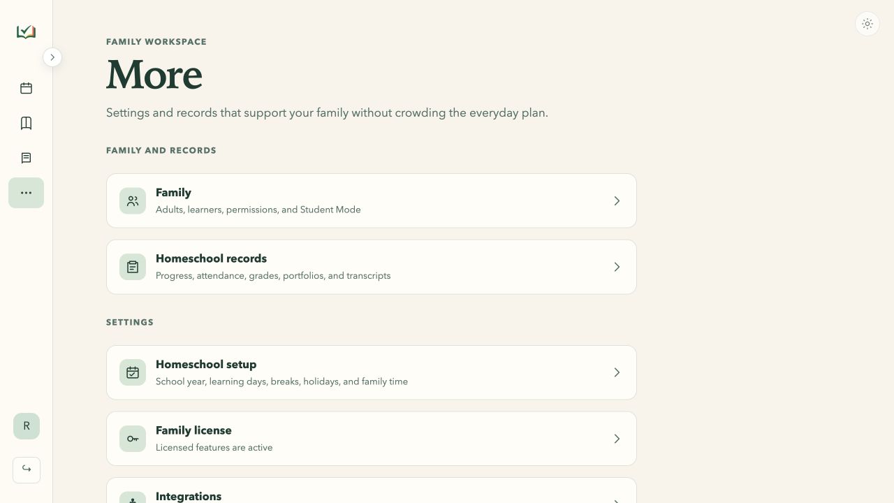 More workspace in light mode with collapsed navigation and grouped links for Family and records, Settings, Integrations, Your account, and Information