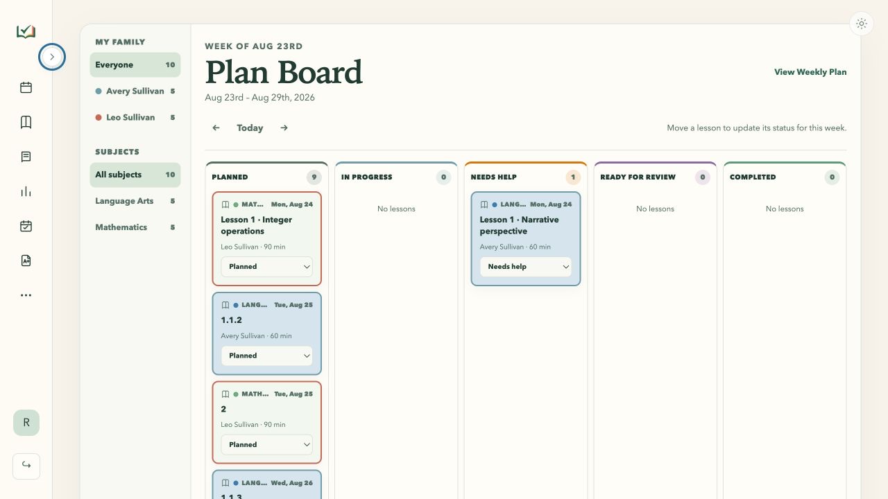 Status Board with Planned, In progress, Needs help, Ready for review, and Completed lesson columns