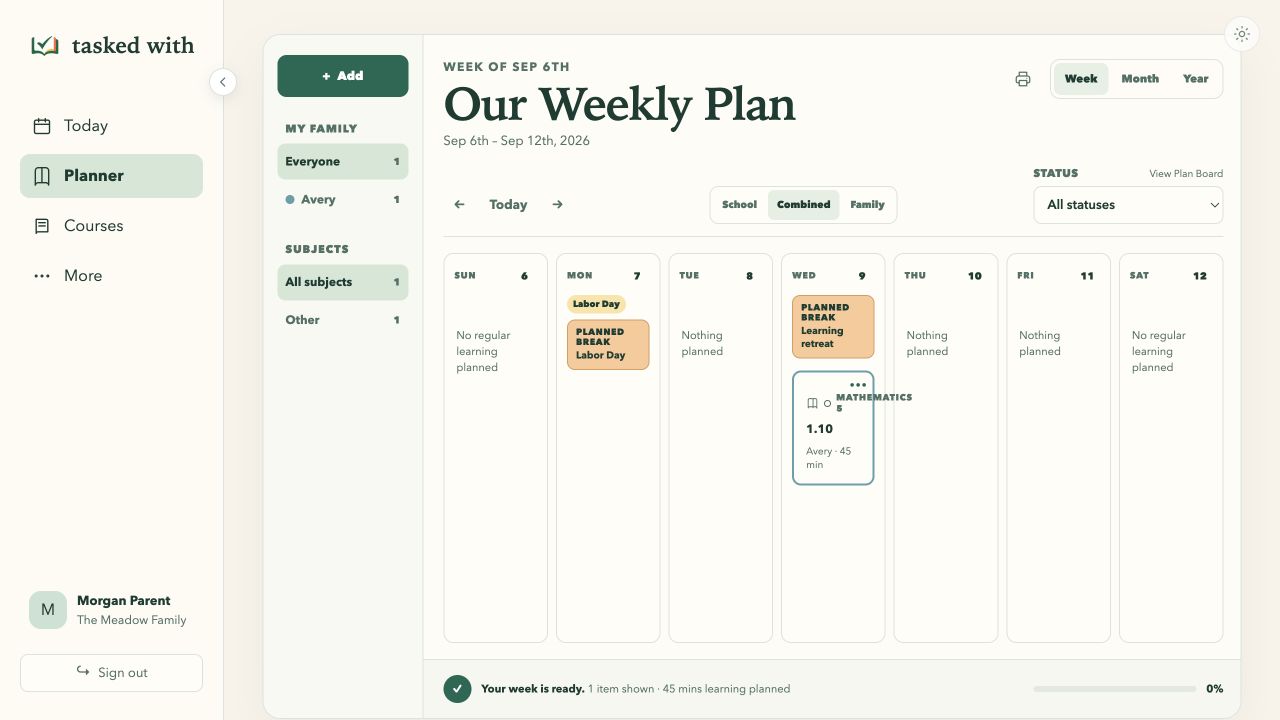 Light-mode weekly planner with orange Planned Break banners for Labor Day and Learning retreat, plus a lesson intentionally left on the Learning retreat date