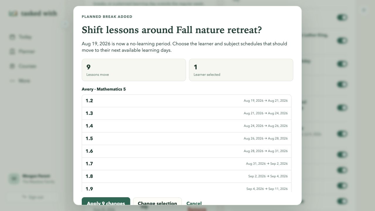 Light-mode planned-break preview listing nine Mathematics lessons with each original and proposed date