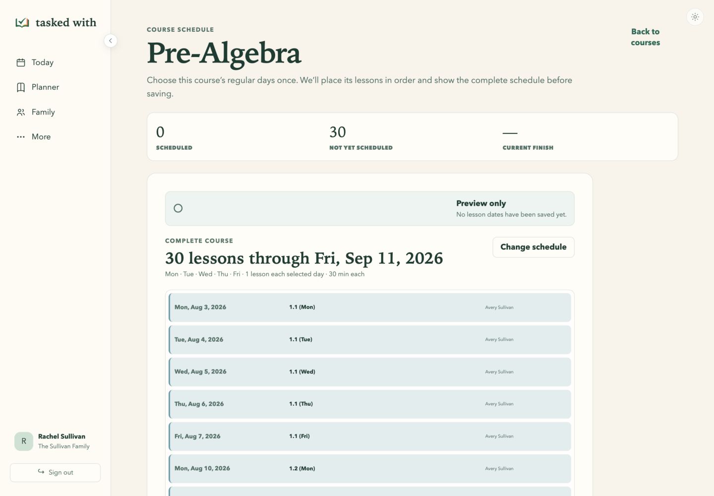 Pre-Algebra schedule preview showing weekday dates, the selected learner, and estimated finish date