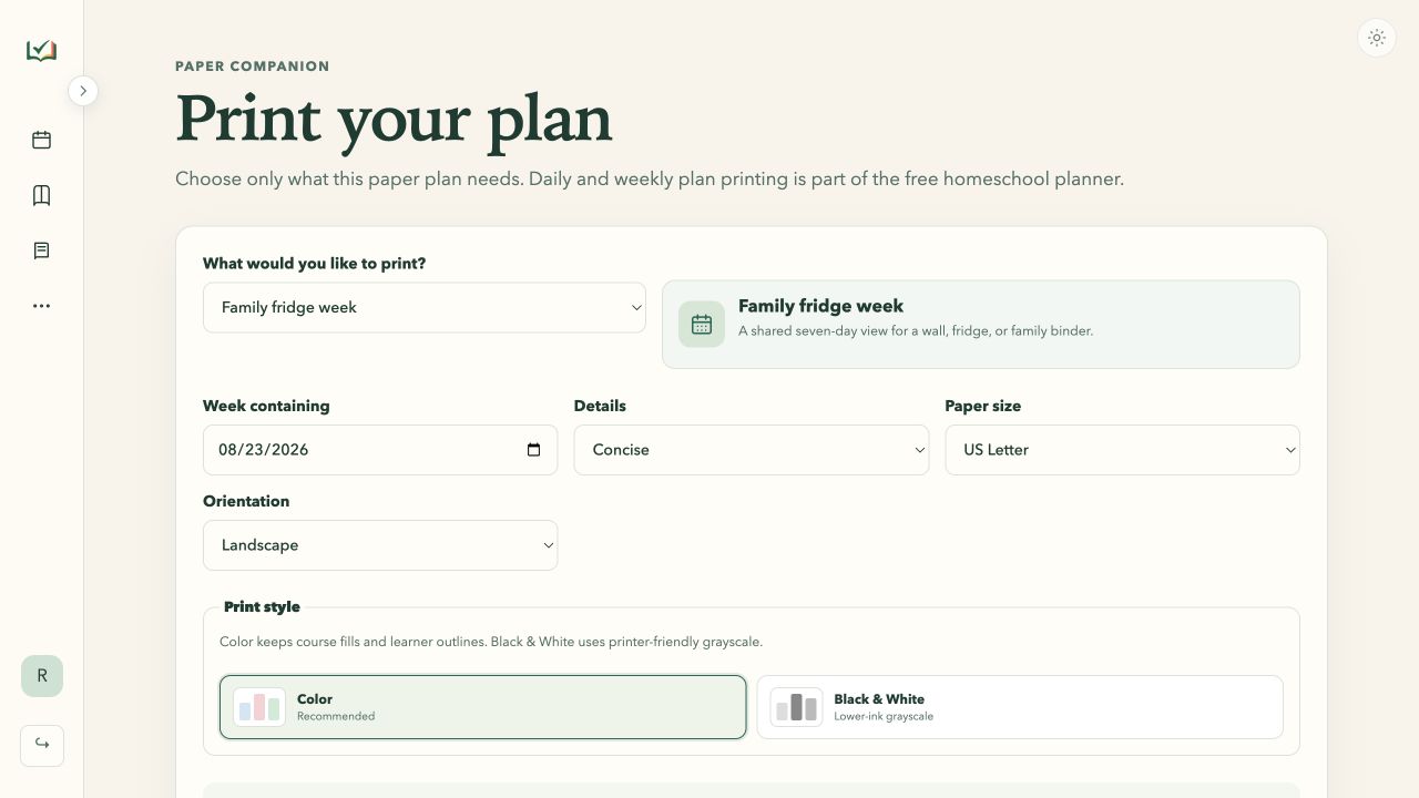 Printables page in light mode with Family fridge week selected, Color selected by default, a Black and White option, and paper controls
