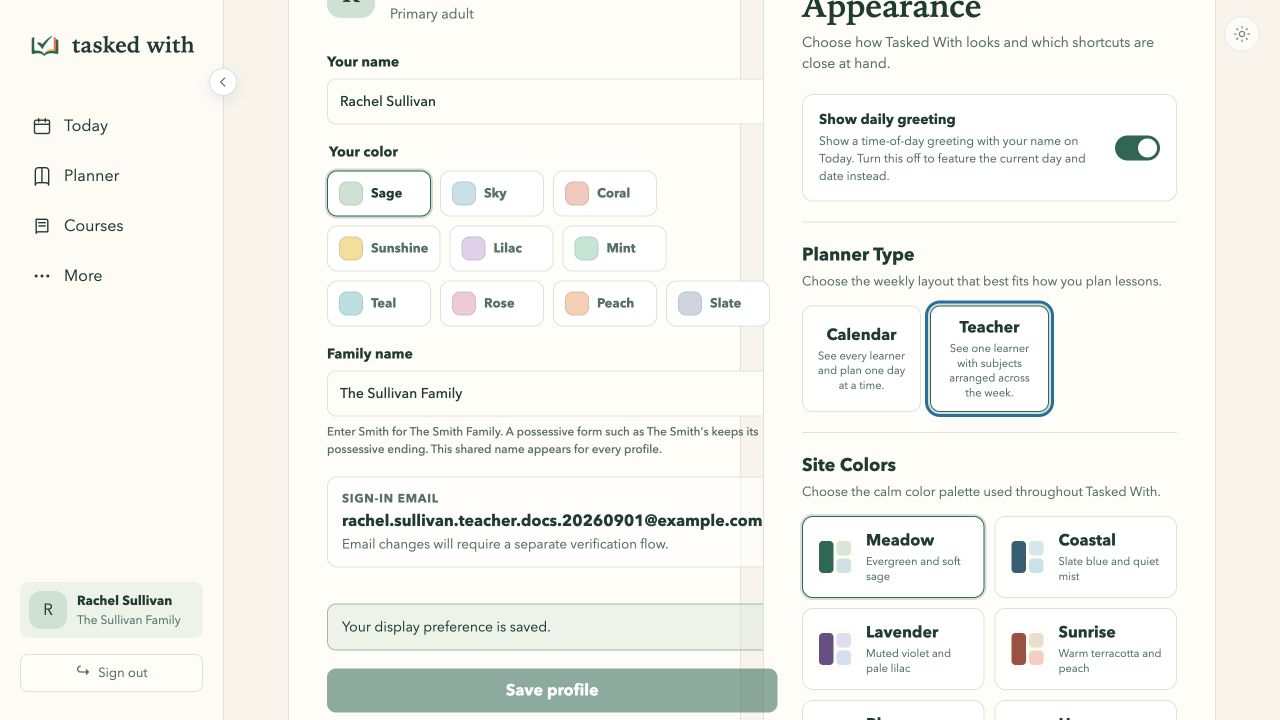Primary adult profile in light mode with Teacher selected under Planner Type between Show daily greeting and Site Colors