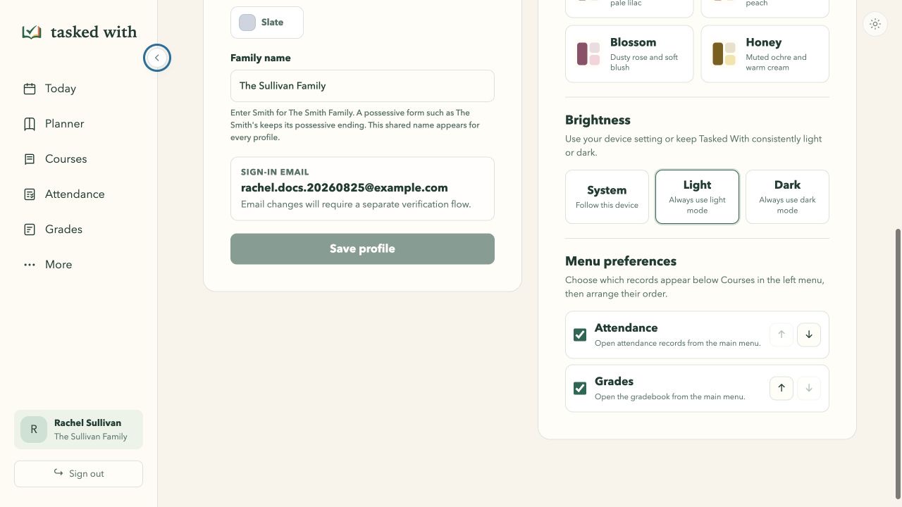 Lower portion of the Appearance card showing draggable menu preferences, required Today, Planner, and Courses items, plus optional shortcuts and move controls