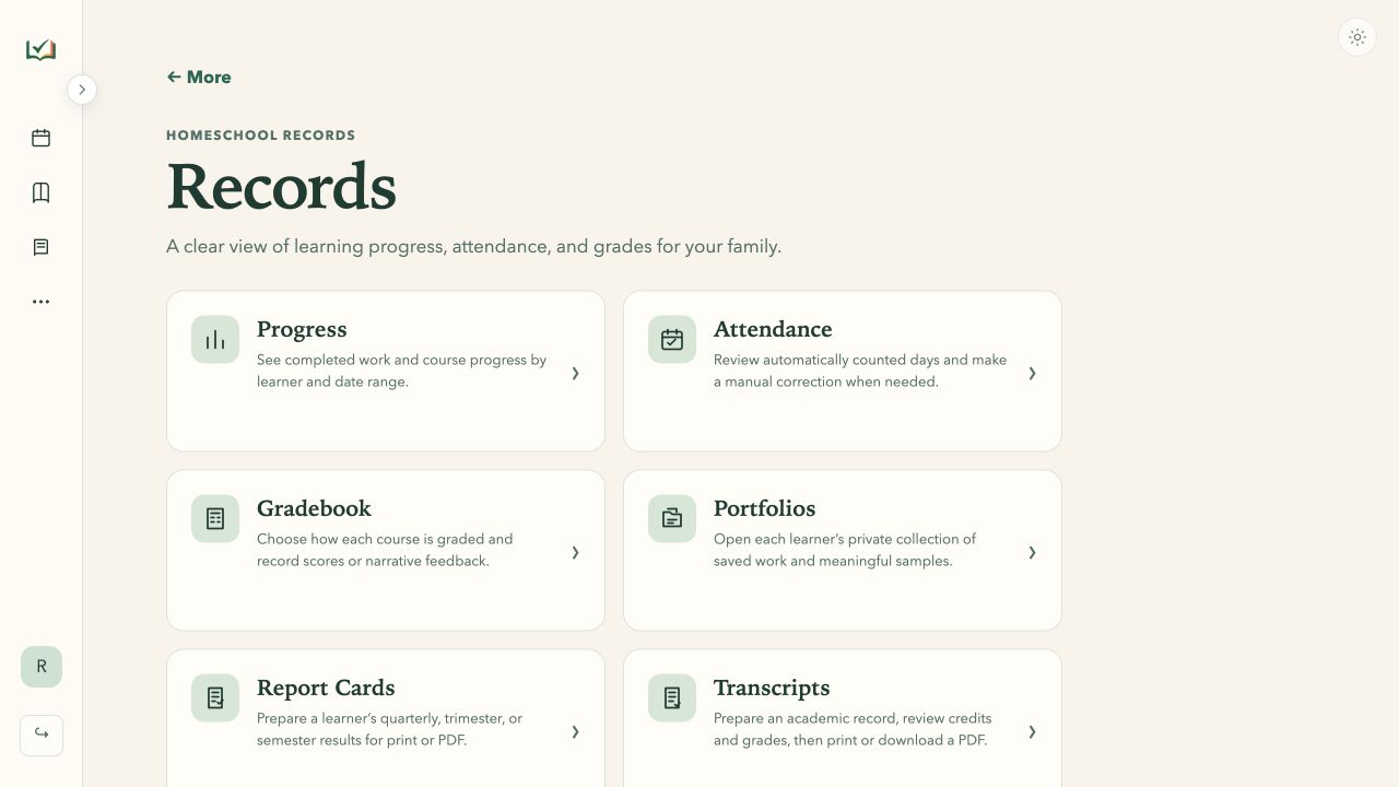 Records page in light mode with Progress, Attendance, Gradebook, Portfolios, Report Cards, and Transcripts