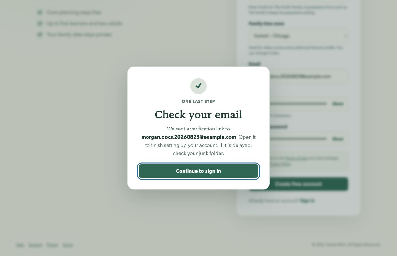 Check your email confirmation dialog after a family account is created