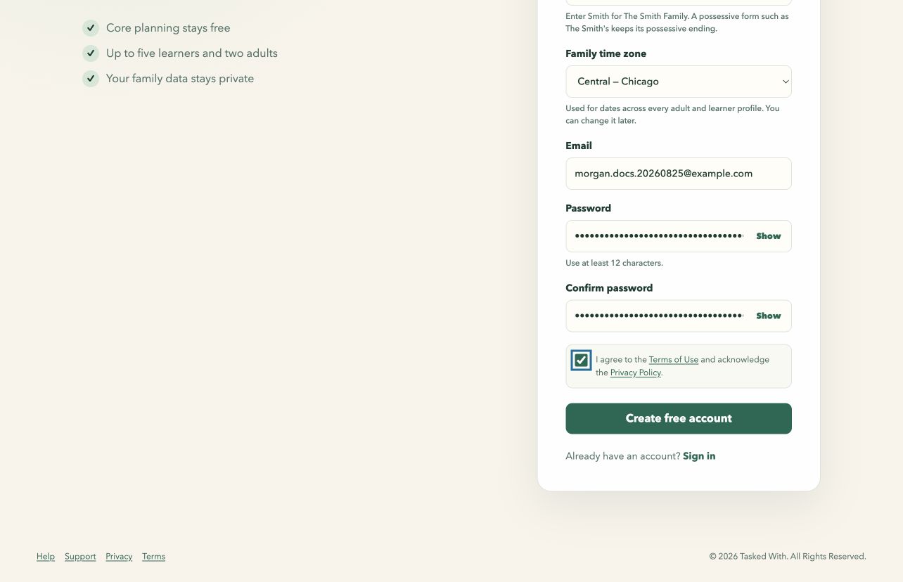 Lower half of the signup form with hidden Password and Confirm password fields, Show controls, policy acceptance, and Create free account