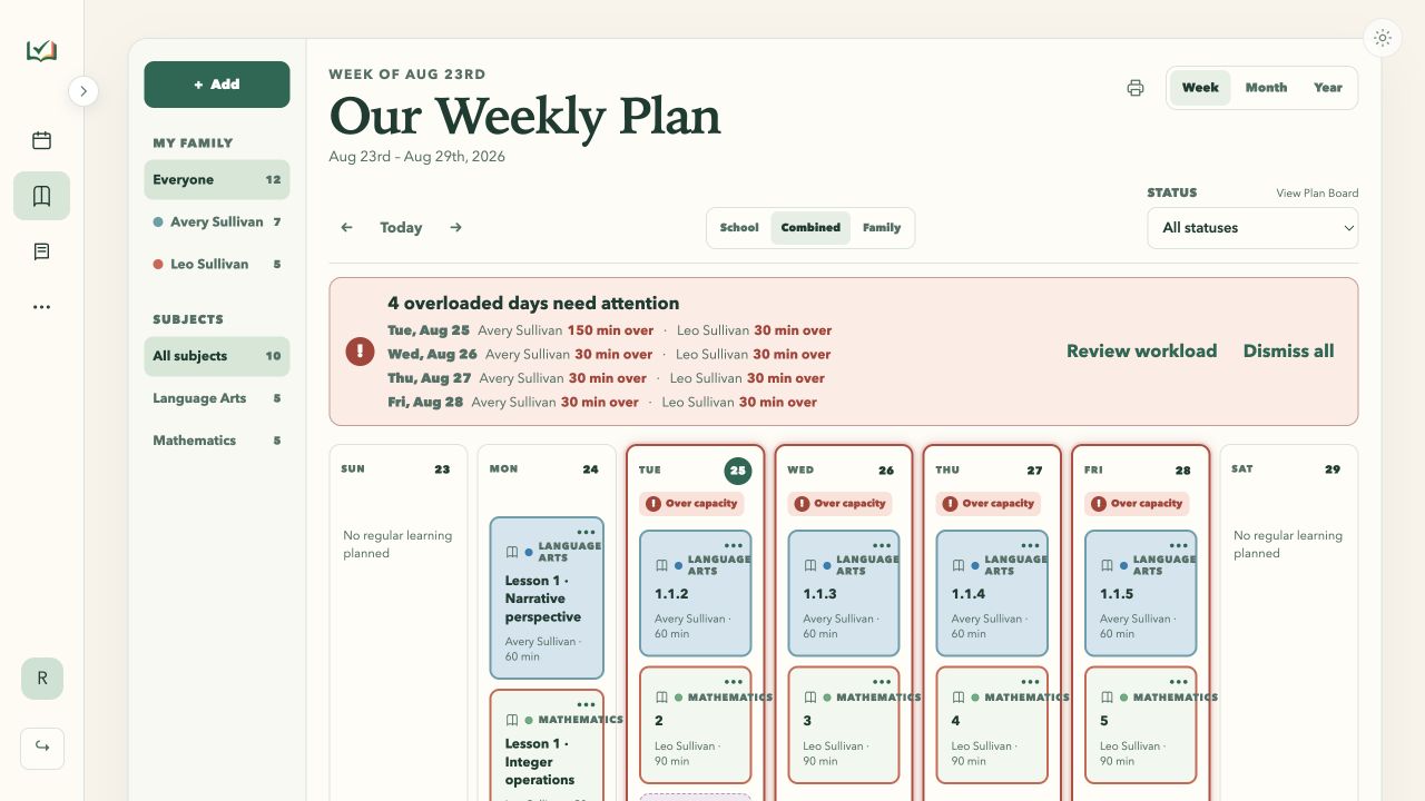 Weekly planner with one alert grouping four overloaded dates and both affected learners on each date