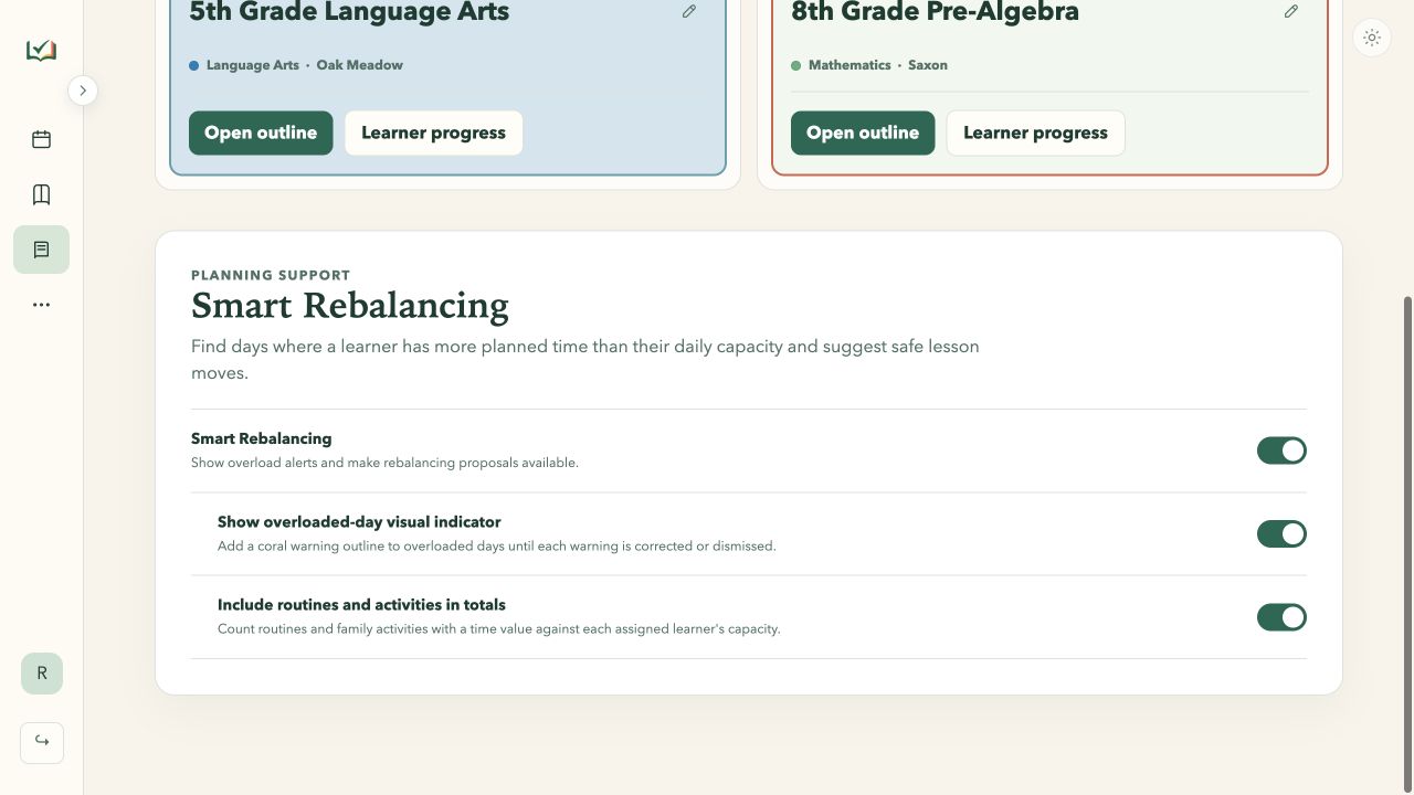Courses page with two color-coded courses and Smart Rebalancing settings below the course list