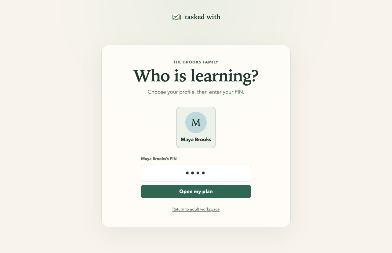 Student Mode sign-in in light mode showing a learner selected and the entered PIN hidden by dots