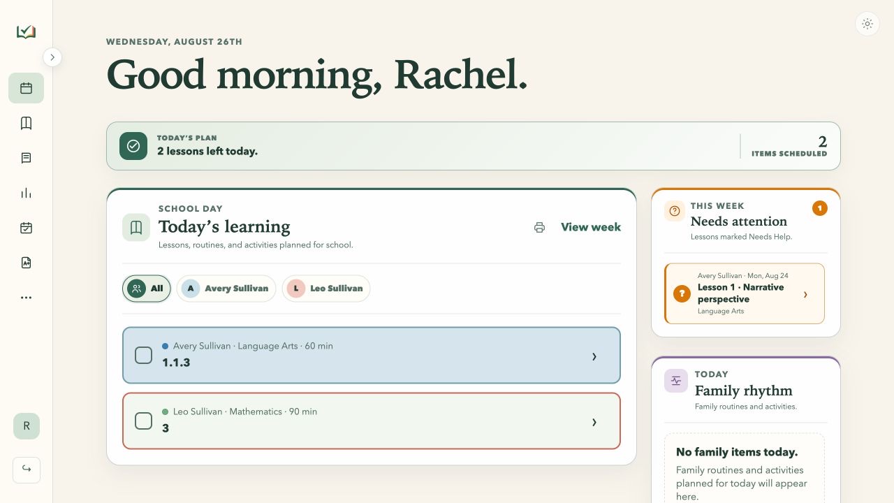 Today page with primary-adult To-dos, a temporary lesson summary, learner filters, Today’s Learning, weekly Needs Attention, and daily Family Rhythm sections